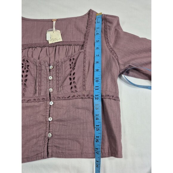 Free People Blouse Size S Eyelet Lace Crop Top Purple Mauve Roan Rouge (13) - Picture 5 of 13